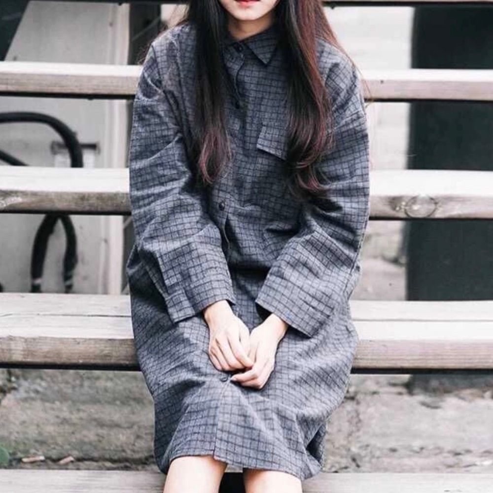 Dark Grey Check Plaid Shirtdress
